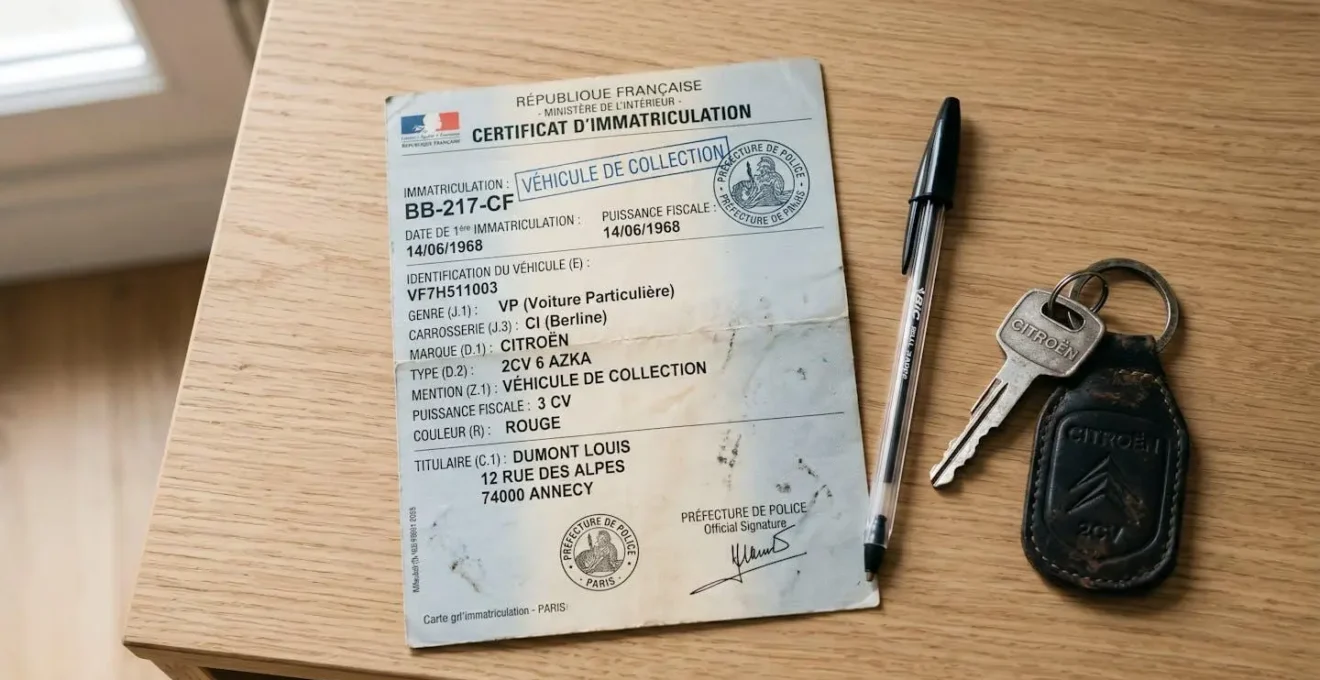 Carte grise française de véhicule de collection posée sur un bureau, mention 'collection' visible, stylo et clés anciennes à proximité