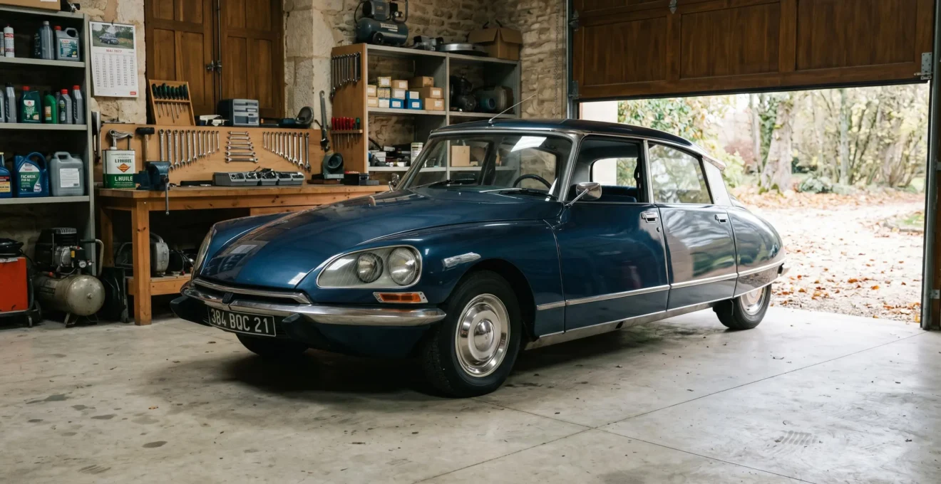 Citroën DS de collection restaurée garée dans un garage privé sécurisé avec porte basculante ouverte, lumière naturelle, sol béton propre, établi d'atelier en arrière-plan