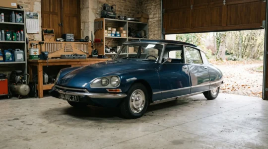 Citroën DS de collection restaurée garée dans un garage privé sécurisé avec porte basculante ouverte, lumière naturelle, sol béton propre, établi d'atelier en arrière-plan