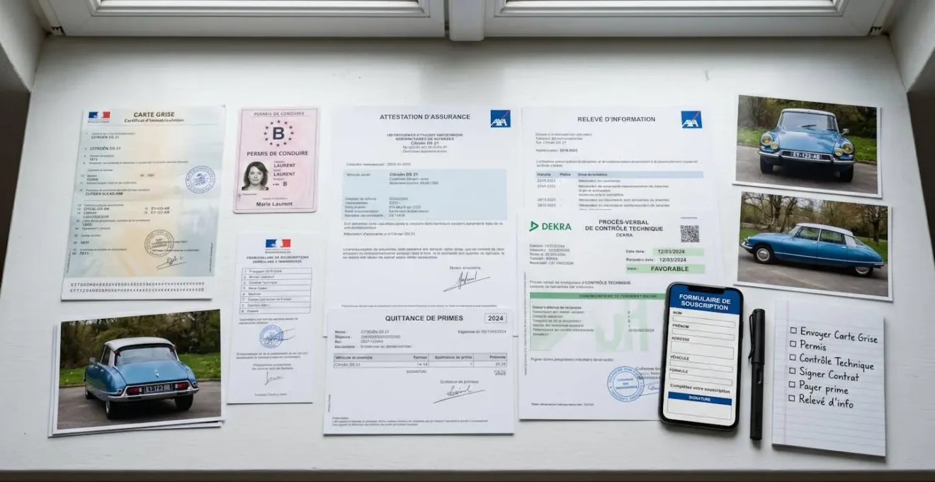 Vue de dessus d'un dossier de souscription assurance collection étalé sur bureau : photos véhicule, carte grise, permis, relevé d'information, contrôle technique, smartphone avec formulaire