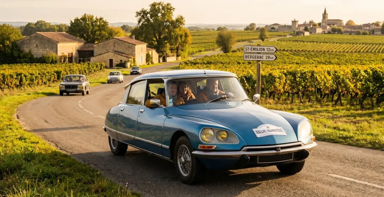 Véhicule de collection français participant à un rallye touristique sur route de campagne, plaque de rallye visible, paysage de vignobles, lumière dorée d'après-midi